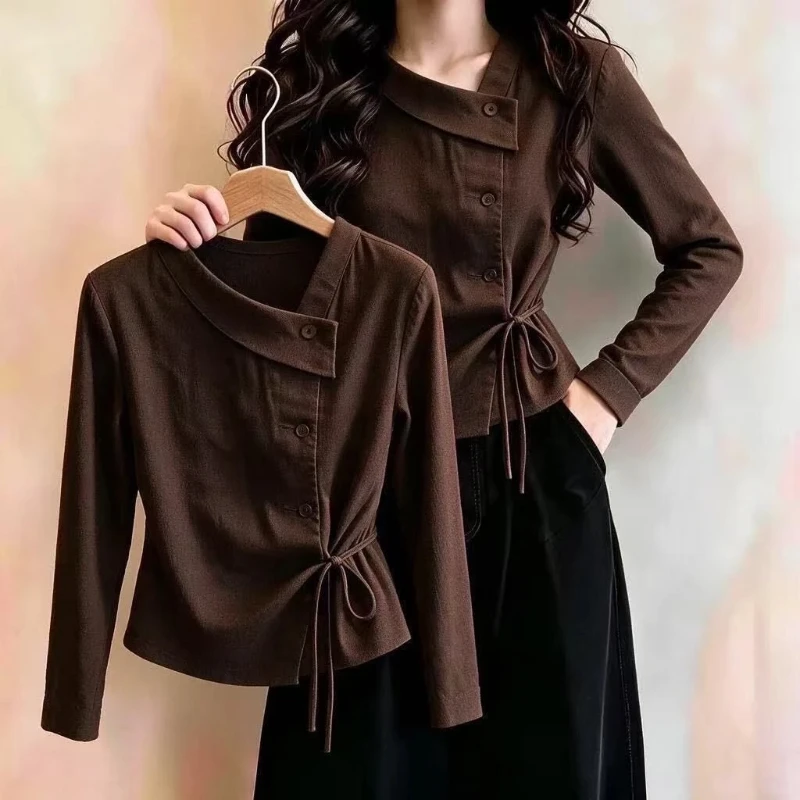 Irregular Button Lacing Solid Long Sleeve Trend Shirt Tops Spring Autumn All-match Vintage Blouse Fashion Office Women Clothing