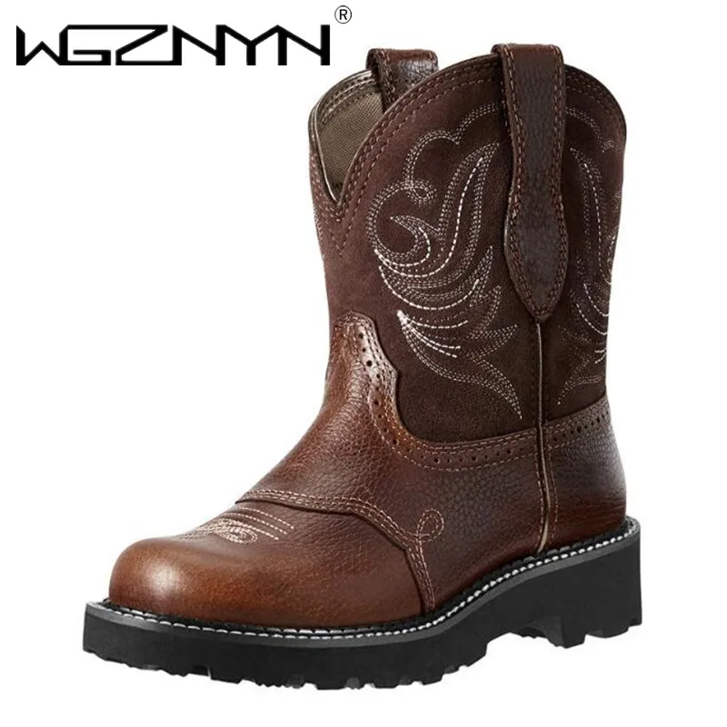 Women Mid Length Leather Boots Women Embroidered Cowboy Boot 2025 Western Comfortable Shoes Outdoor Cycling Non Slip Overshoes