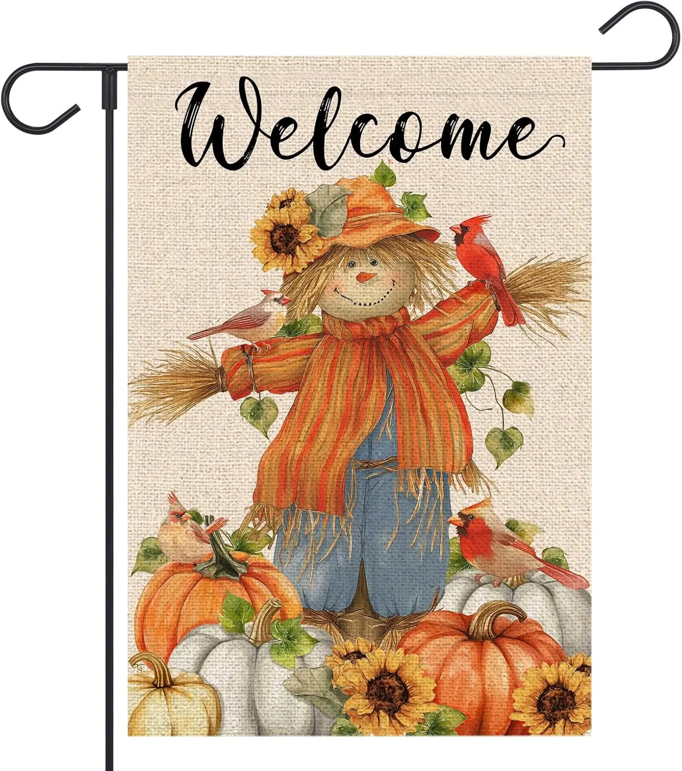 Fall Scarecrow Garden Flag 12x18 Inch Double Sided Outside Flowers Pumpkins Cardinal Bird Welcome Harvest Thanksgiving Yard  SSL