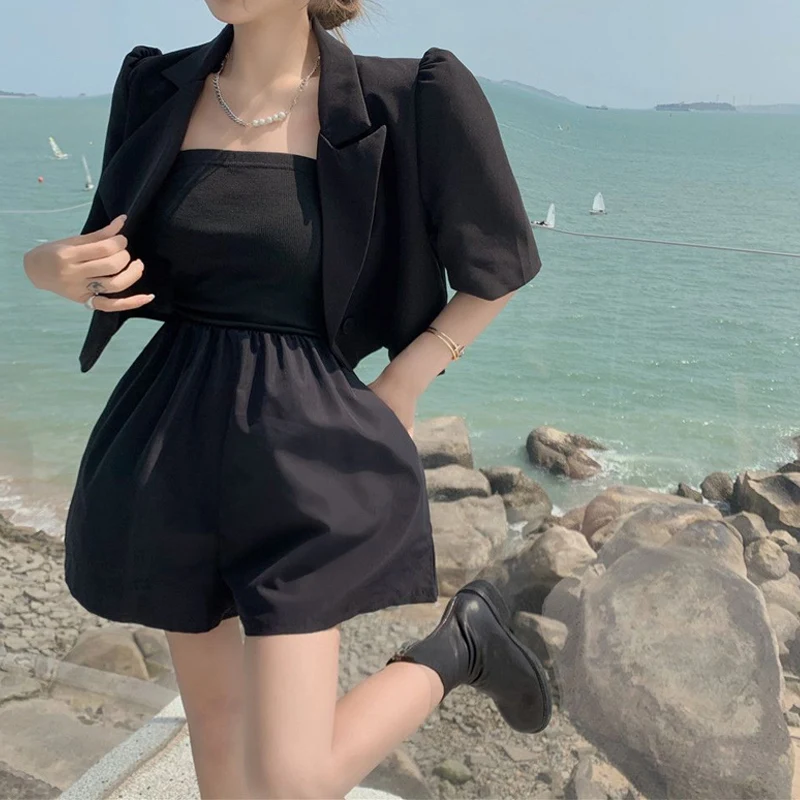 Summer New Thin Loose Suit Coat and Shorts Off Shoulder Solid Color Shorts Sets Trend Korean Fashion Women Clothing