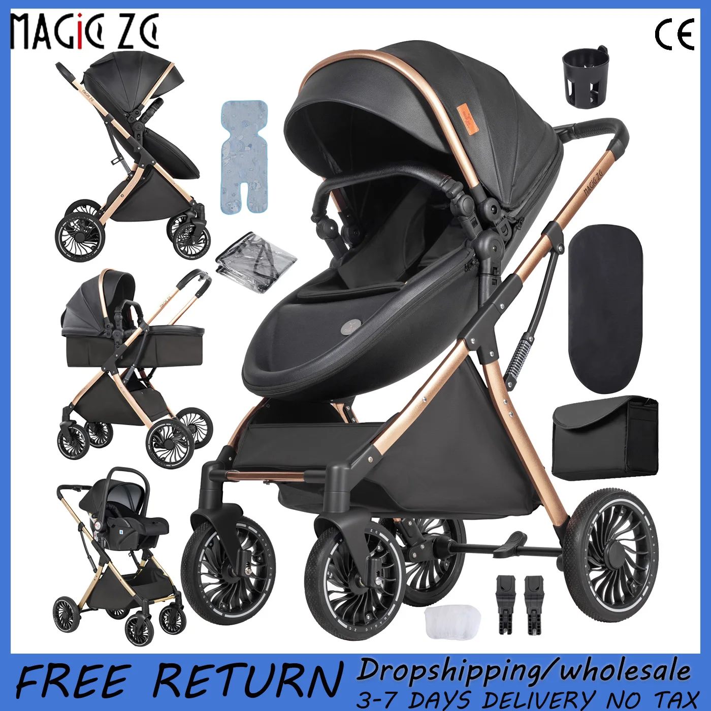 Cochecito de Bebé 3 en 1 de Lujo con Diseño Moderno en Negro y Dorado, Convertible en Cuna, Asiento para Niños Pequeños y Silla de Auto | Reclinación con una sola mano, ruedas amortiguadoras, capota solar UPF50+, accesorios completos, seguro y elegante para recién nacidos