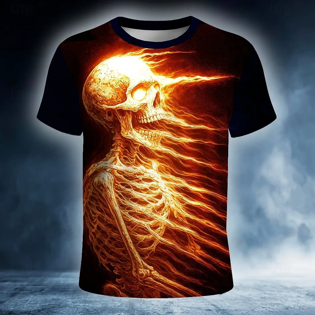 

Halloween Men's Skull Optical Illusion 3D T Shirt Short Sleeve T shirt 3D Printed Crew Neck Shirt Horror Party Holiday Clothing