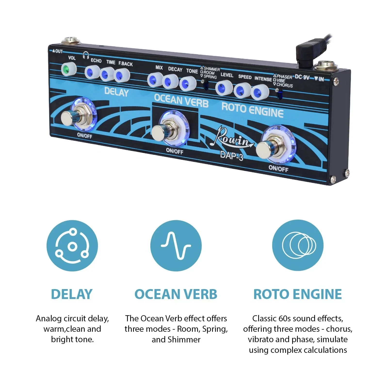 Rowin 3‑in‑1 Guitar Multi Effects Pedal Delay + Ocean Verb Reverb + Roto Engine Rotary Speaker Modulation Compact Size Stompbox