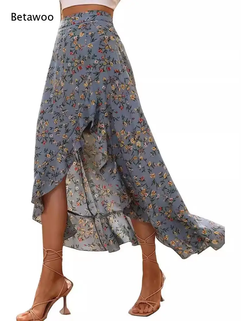 Ditsy Floral Ruffle Wrap Midi Skirt High Side Slit Flow Asymmetrical Hem Lightweight Fabric for Summer Daily Matching Outfits