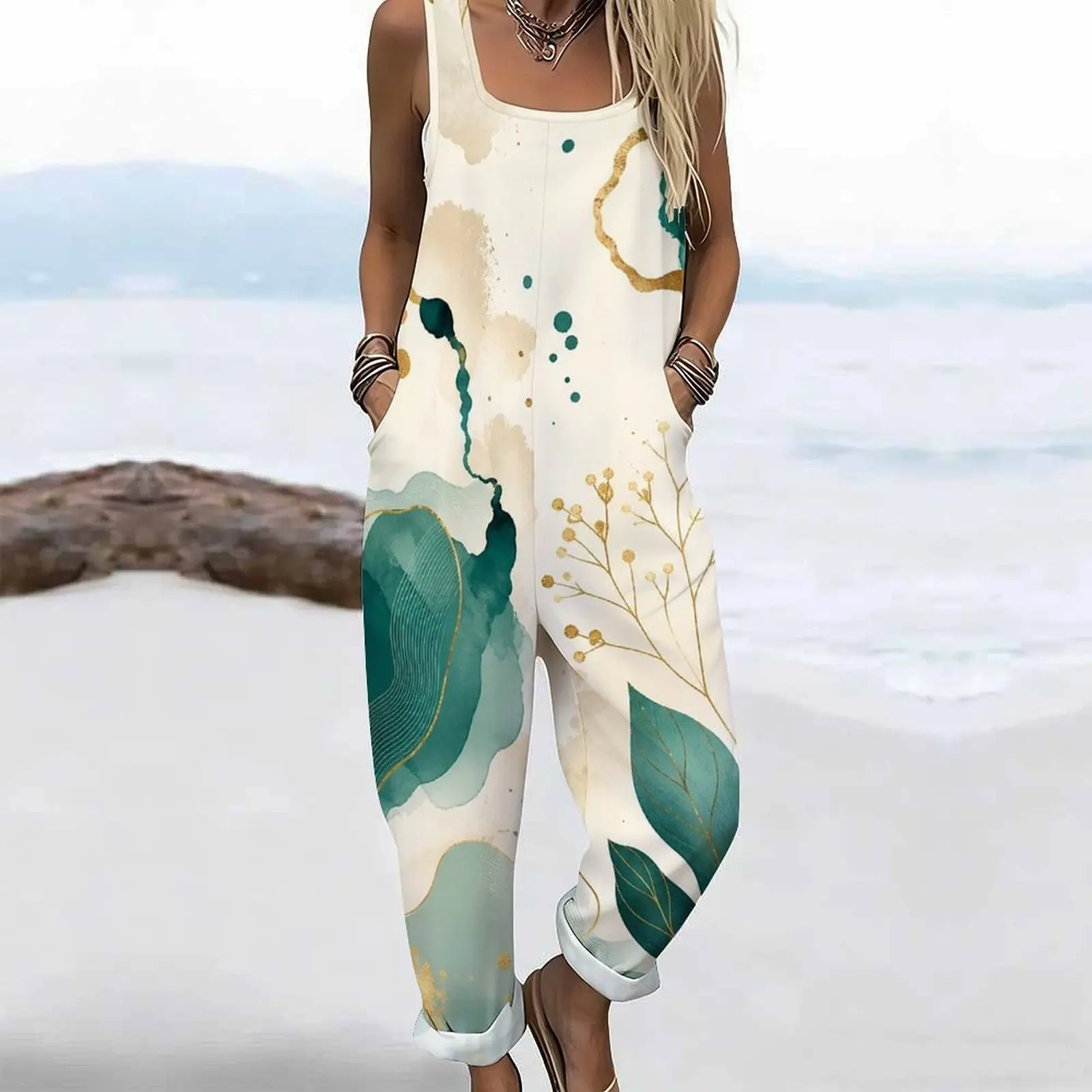 Women Jumpsuit with Print Square Neck Sleeveless Wide Straps Loose Fit Pockets Cuffed Ankle view 6