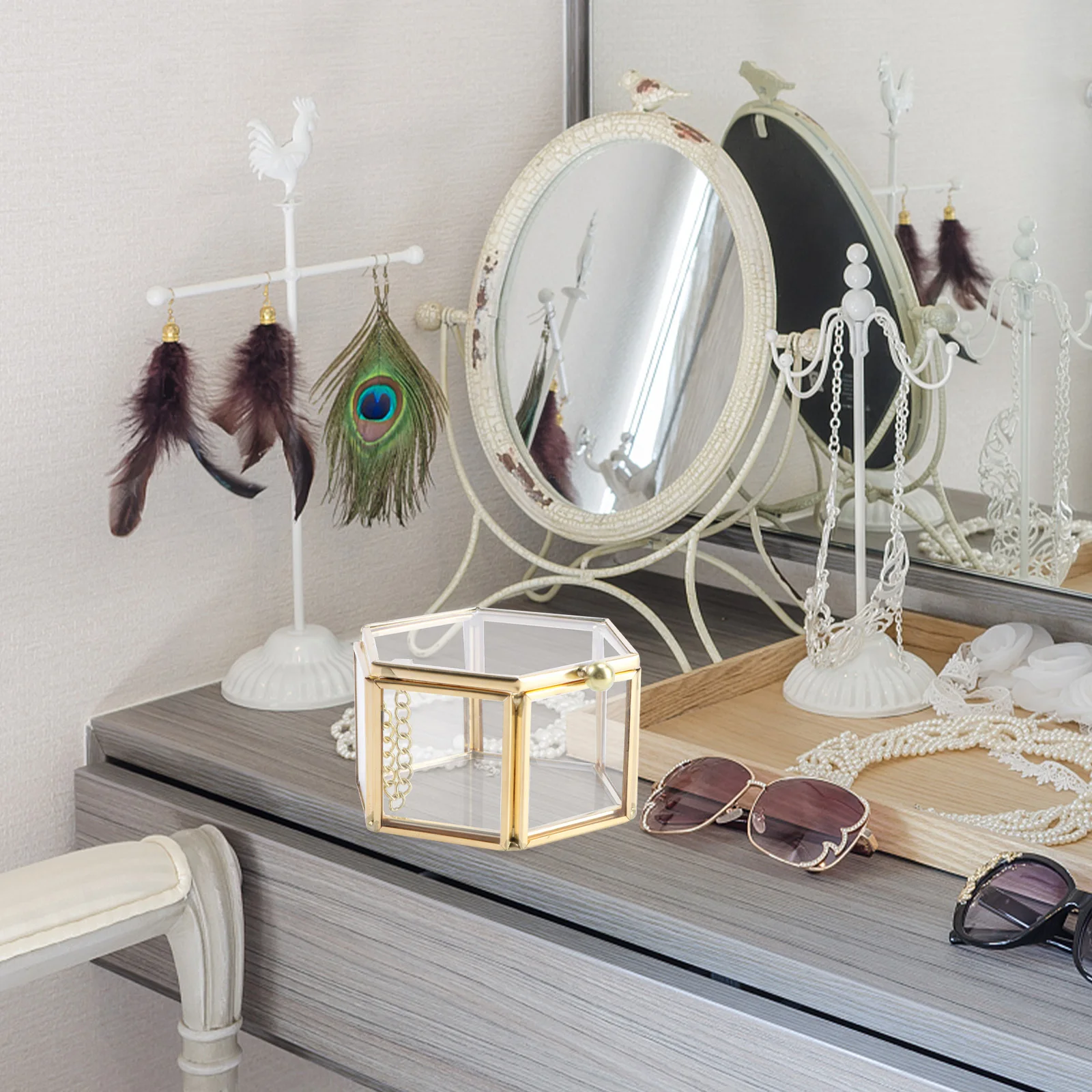 

1 шт., шестисторонняя откидная стеклянная коробка для хранения колец, геометрический мини-органайзер для ювелирных изделий, компактный держатель для колец, сережек