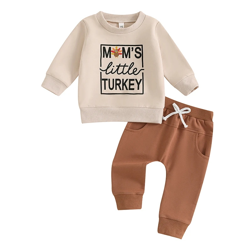 

Toddler Boys Thanksgiving Sets Long Sleeve Letter Turkey Print Tops Solid Color Pants Sets