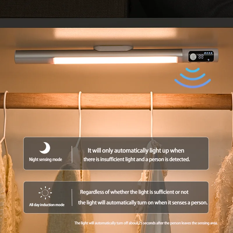 Cyfrowy gablota światło na czujnik ruchu bezprzewodowy nocna lampa na akumulator do szafek kuchennych wewnętrzne oświetlenie LED drążek LED