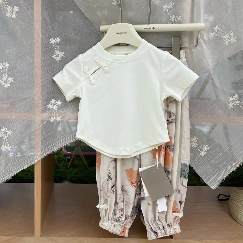 Girls Two-piece Set Chinese Childrens Round Neck Plate Buckle Short-sleeved Girls Breathable T Shirt 2024 Baby Summer T-shirt