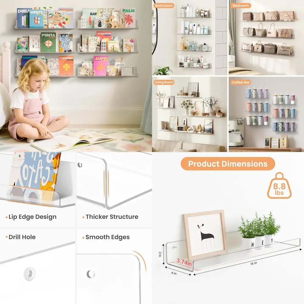

15 x 4 прозрачных акриловых настенных полки — 6 упаковок плавающего хранения для детских комнат, ванных комнат, спален, гостиных, кухонь и хо