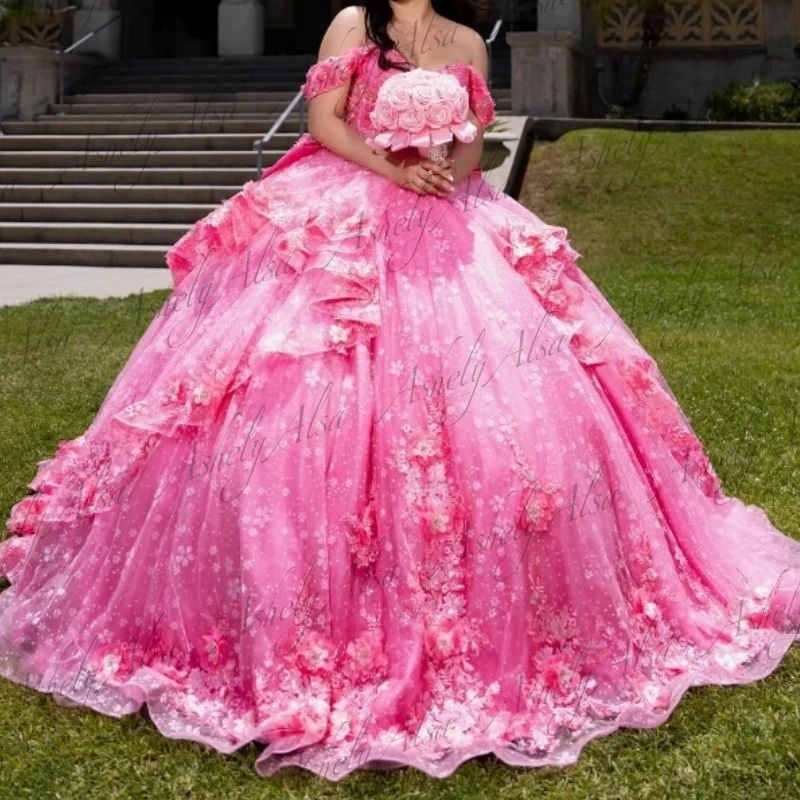

Customized Luxury Mexico Princess Girl Quinceanera Dress Off Shoulder Flower Applique Ball Gown Sweet 15 16 Birthday Party Prom