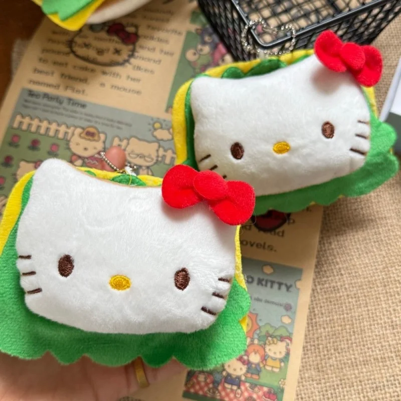 Zawieszka pluszowa Sanrio Hello Kitty w kształcie hamburgera ze złotą klamrą, ozdoba do plecaka, akcesoria do zamków błyskawicznych, brelok do kluczy samochodowych, prezent na Boże Narodzenie