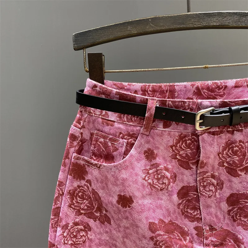 [Zoci] 2024 Zomer Nieuwe Bloemenprint Denim Korte Rok Hoge Taille Slanke Look, Modieuze A-Line Heupverpakking Half