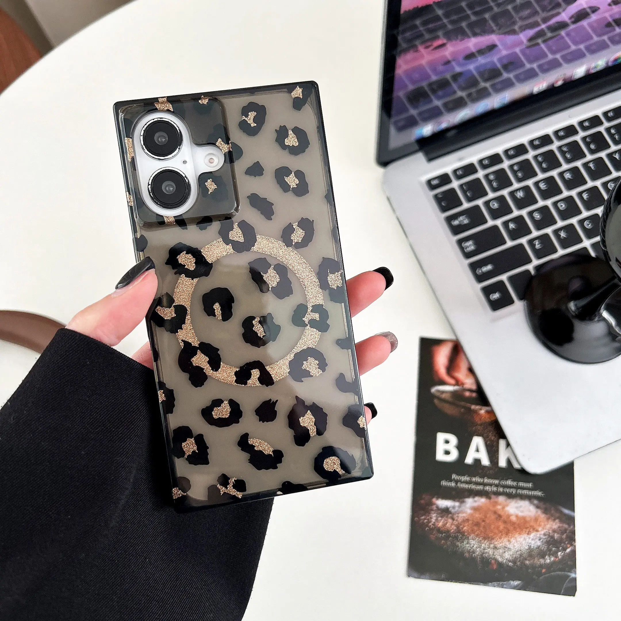 

Fashion Leopard Pattern Straight Edge Soft TPU Phone Case for iPhone 13 14 15 16 Pro Max Wireless Charging Strong Magnetic Cover