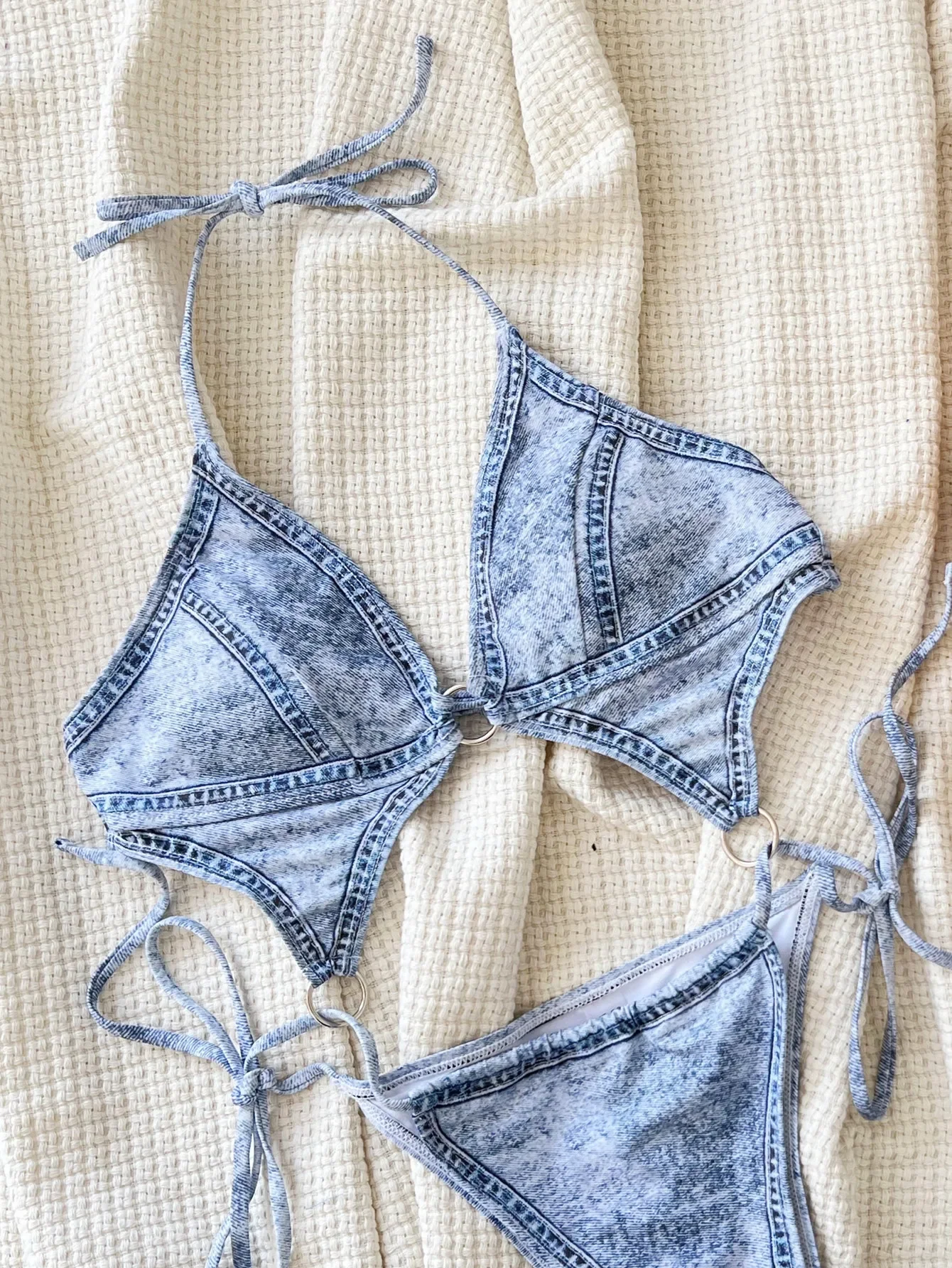 ผู้หญิง DENIM พิมพ์โลหะชุดว่ายน้ํา One Piece Halter Hollow Backless บิกินี่ชุดว่ายน้ําชุดว่ายน้ําชายหาดชุดบอดี้สูท Biquini