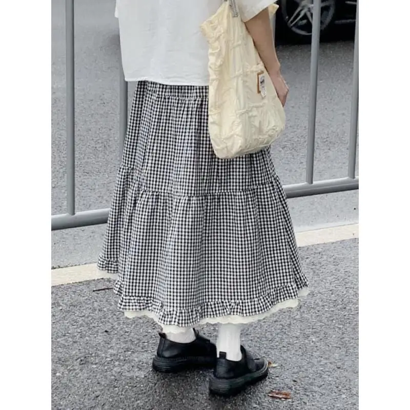 Deeptown Japanese Style Plaid Long Skirt Women Kawaii Sweet Ruffle Midi Skirt Fashion Preppy Style A-line Cutecore Casual Skirts