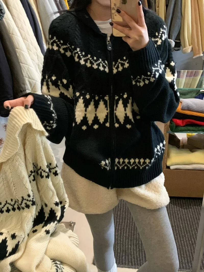 

Свободный женский вязаный свитер в стиле фейр-айл, осенне-зимняя новинка, винтажный, в стиле лейз-фэшн, на молнии, повседневный, для работы, в корейском стиле...