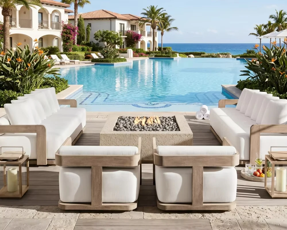 

Garden Furniture Set Waterproof Rattan Rope Wicker Fire Pit Terrace Sofa Combination Teak Aluminum Outdoor Sofa