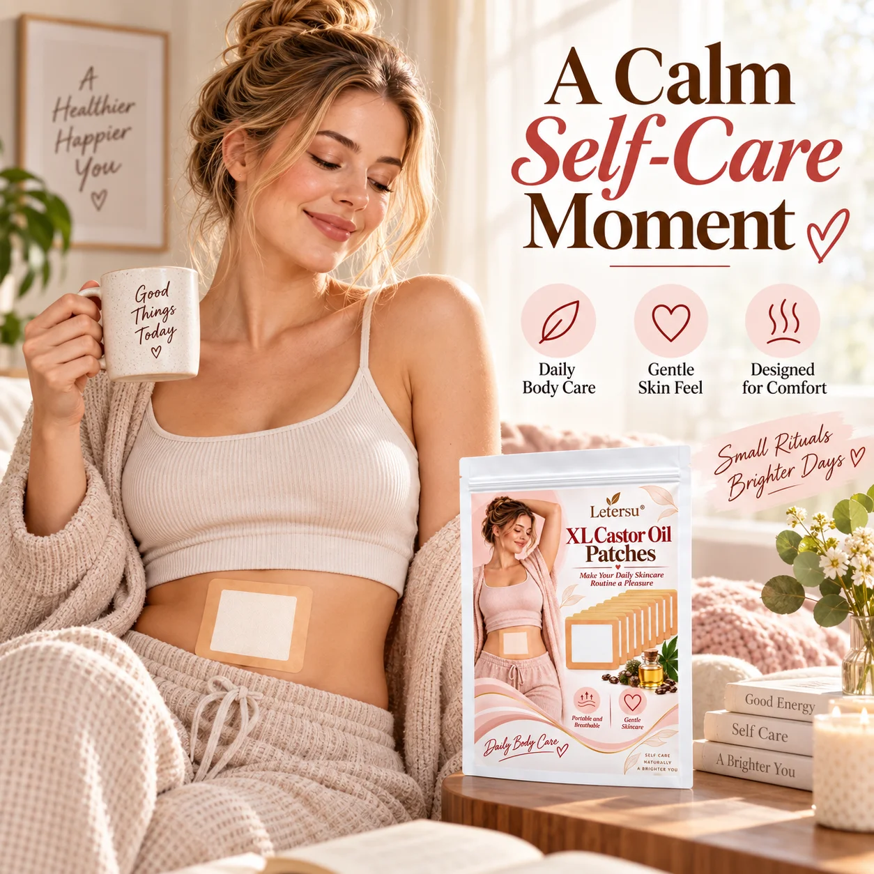 5PCS XL Castor Oil Patches for Belly, Large Castor Oil Pack Wrap Pads, Portable Body Care Patches for Women, Daily Self Care