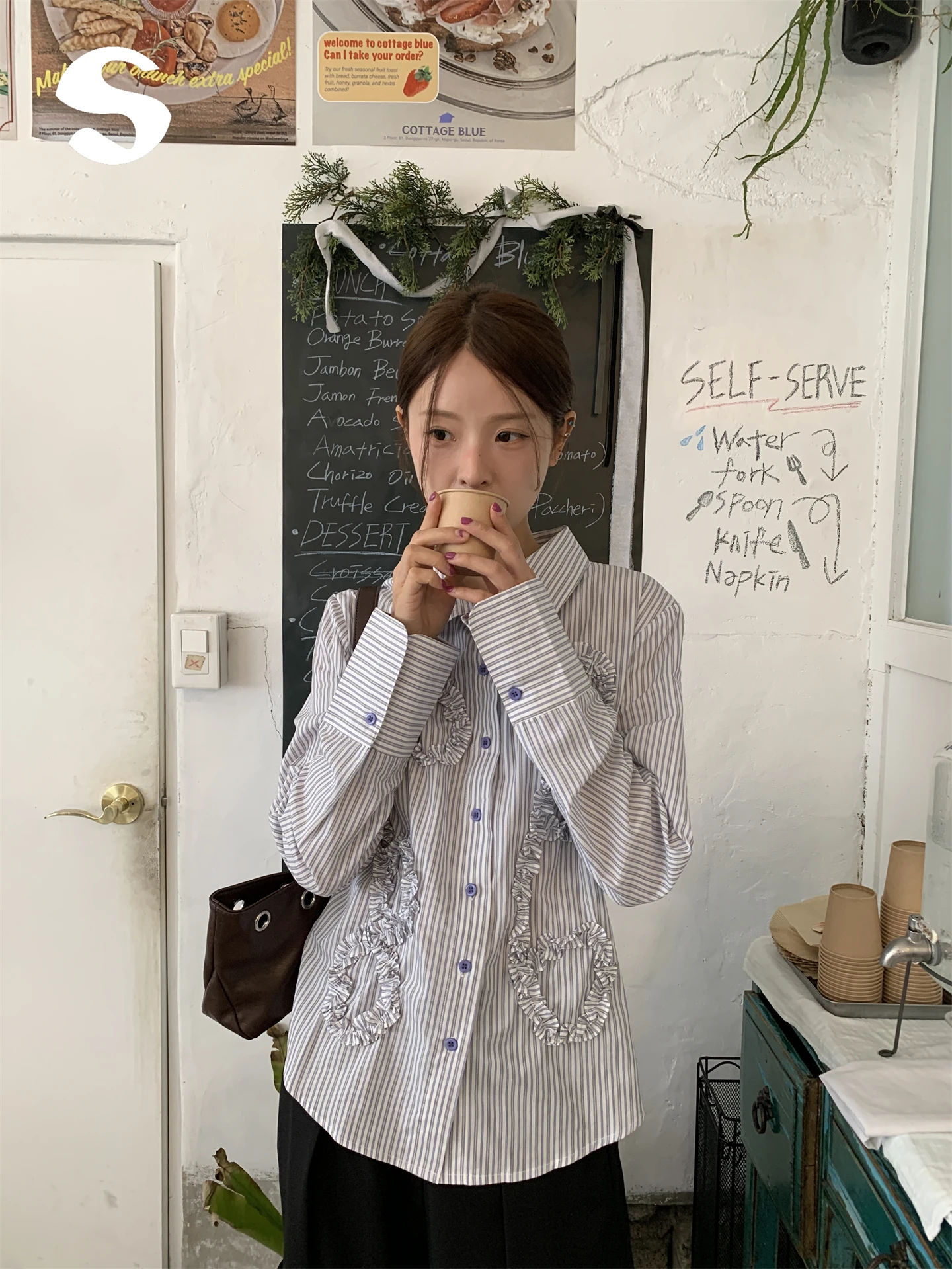 

Sp at Korean Sle Long Sve irt Повседневный полосатый свободный женский топ с цветочной кружевной отделкой из дышащего хлопка Осенняя одежда