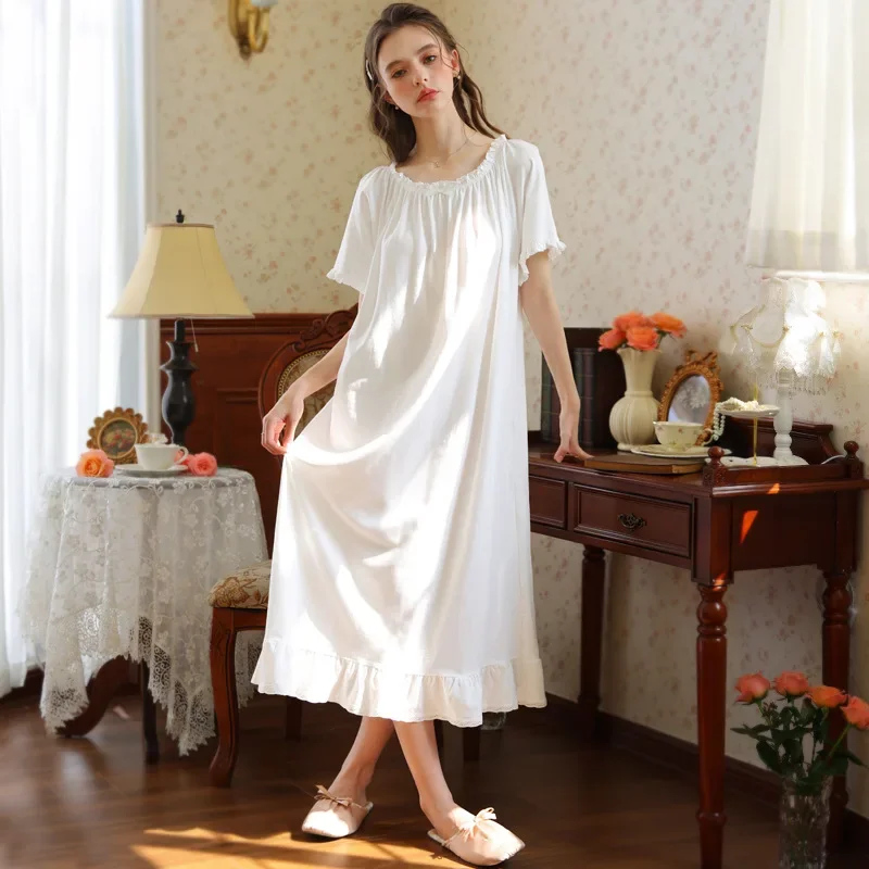 solid-color-stretchy-round-collar-night-dress-women-summer-short-sleeve-loose-long-nightgown-cotton-nightdress-sweet-sleepwear