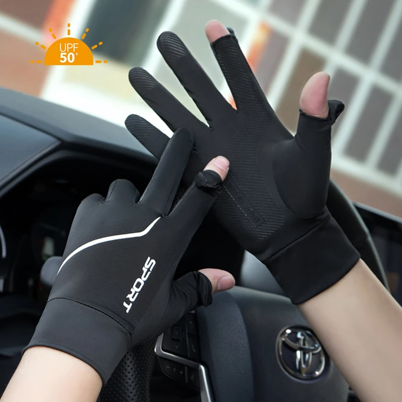 Sun Protection Men Gloves Cycling Summer Ice Silk Fingerless UV Fishing Driving Touch Screen Breathable Cooling Non Slip Gloves