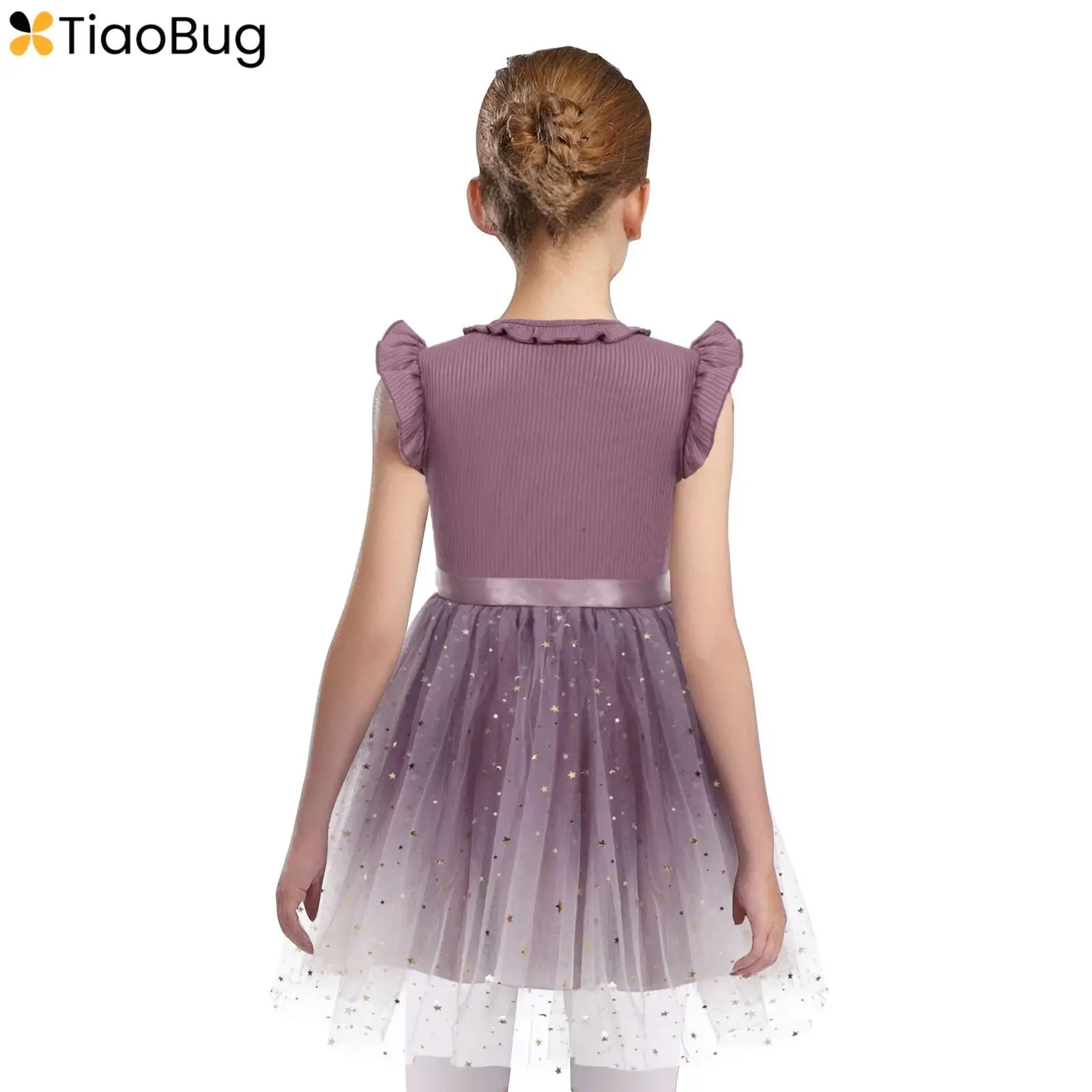 

Kids Girls Party Princess Dress Flutter-Sleeve Ruffles Trim Dress V-Neck Sequined Tulle Dresses for Wedding Birthday Dancewear