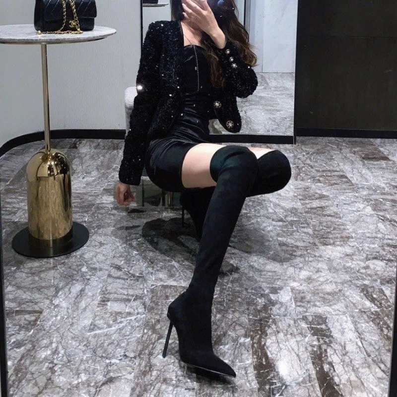 Botas Altas de Mujer con Punta Fina, Tacón de Aguja Alto, Efecto Ante, Caña Elástica, Elegantes para Fiesta y Noche