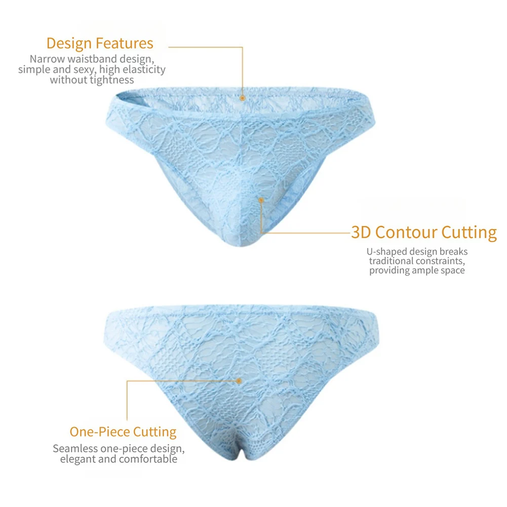 Men Sexy Lace Thong Panties Sheer Floral Lace Underwear U Convex Pouch Low Rise Breathable Lingerie Briefs For Nightwear