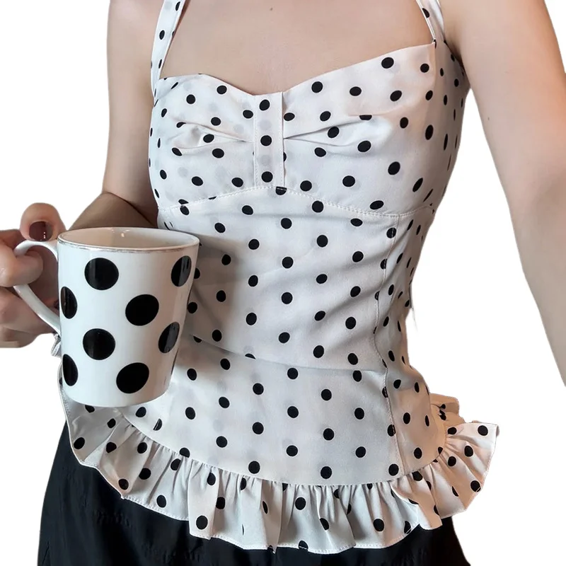 

Women's Halter Neck Tank Top 2026 Summer Sexy Trend Polka Dot Print Color-Block V-Neck Bow Tie Straps Sleeveless Tank Streetwear