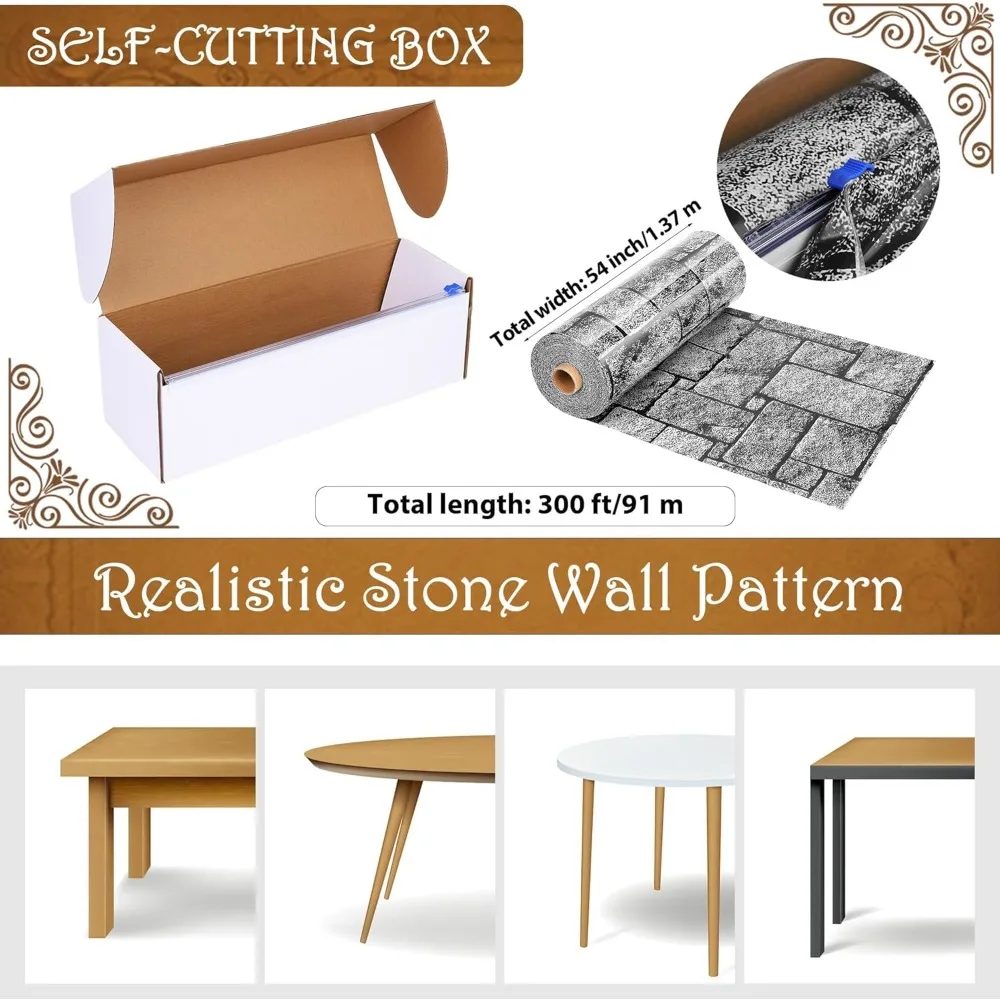 Rolo de toalha de mesa de plástico descartável - 300 pés x 54 polegadas, design de parede de pedra, cenário de piso de tijolo medieval, ideal para eventos e ou