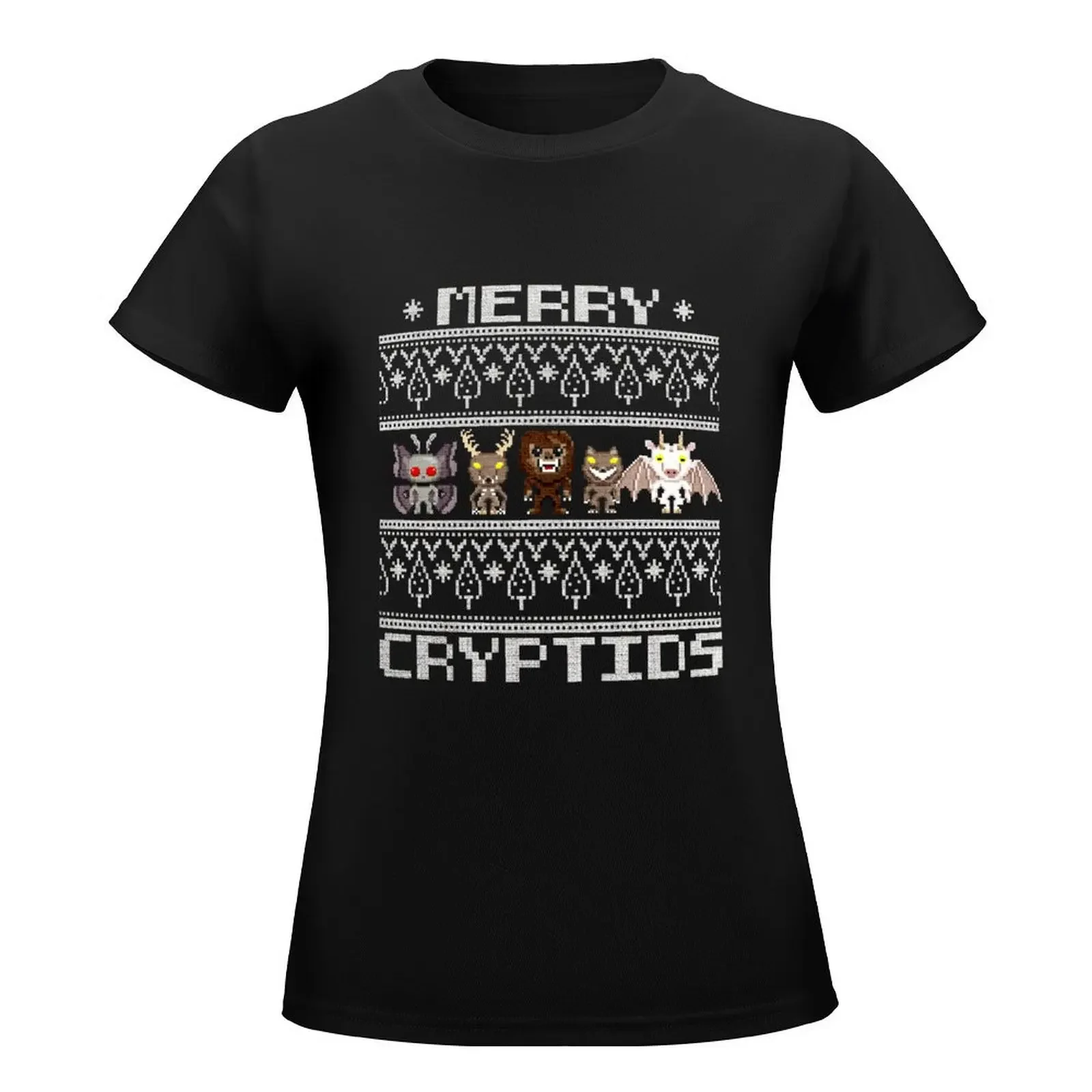 Merry Cryptids - Ugly Christmas Mothman, Wendigo, Sasquatch, Dogman, Jersey Devil T-Shirt oversized Women's cotton t-shirt