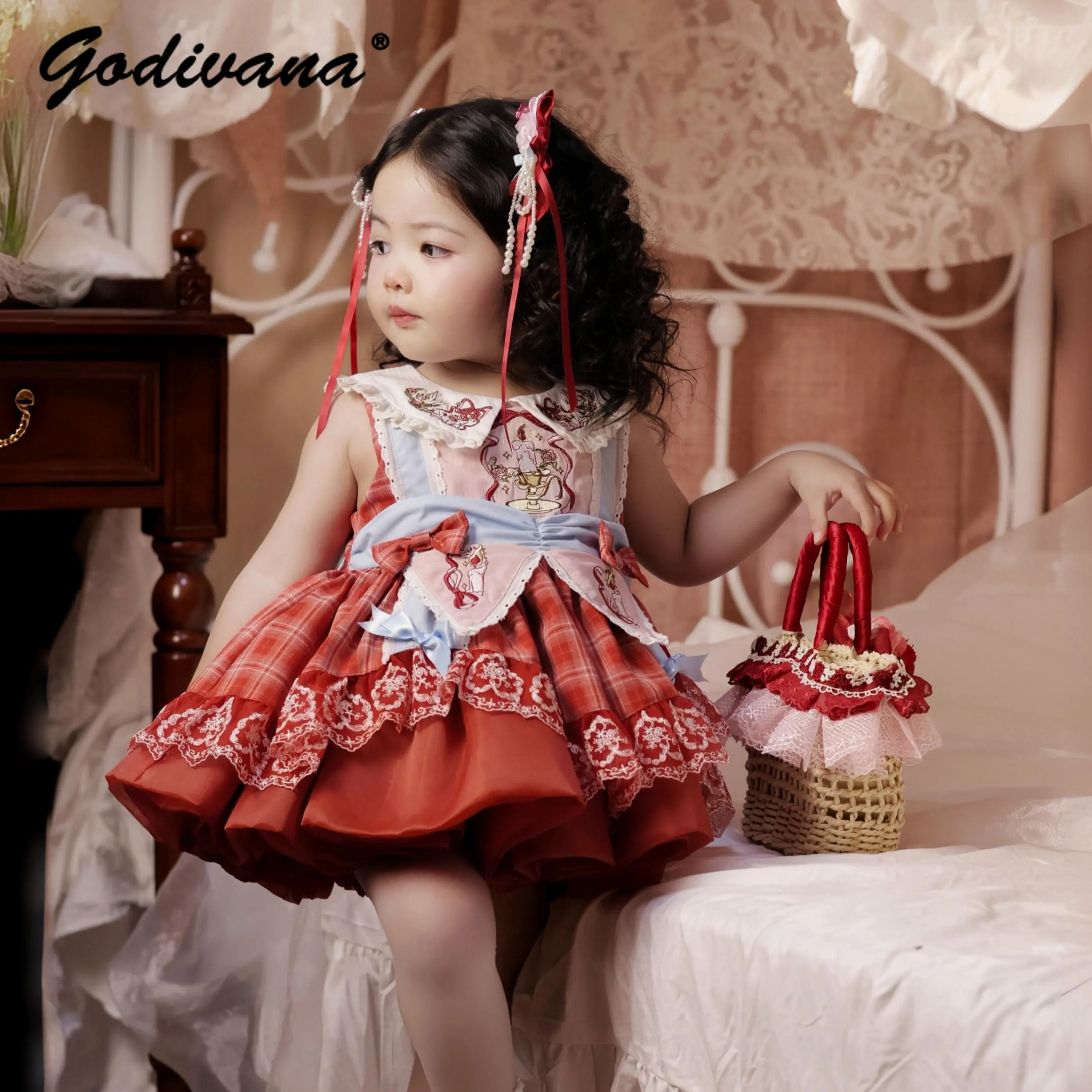 Original Baby Girls High End Embroidery Red Plaid Princess Dress 2026 Summer New Fashion Doll Collar Lace Sleeveless Casual Set