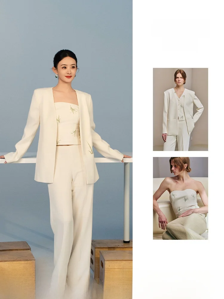 

Женский деловой повседневный костюм Hamere: легкий бежевый с 3D-текстурой и вышивкой, весна-лето