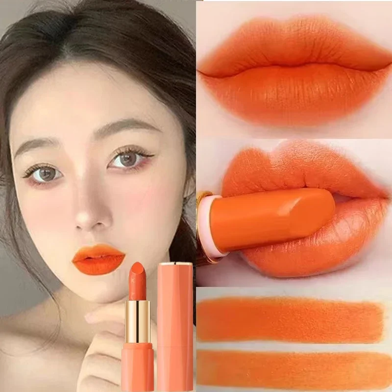 Lápiz labial de Color naranja, esmalte de labios mate, suave y sedoso, no es fácil de decolorar, brillo de labios de larga duración, maquillaje cosmético Sexy para mujer