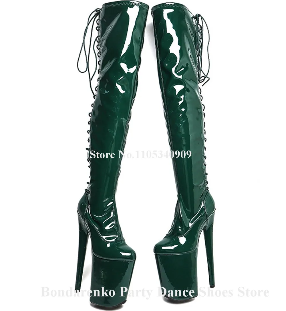 Bondarenko Dark Green Patent Leather Stiletto Over Knee Boots Round Toe Back Zipper-up High Platform 20cm Thin Heel Dance Shoes