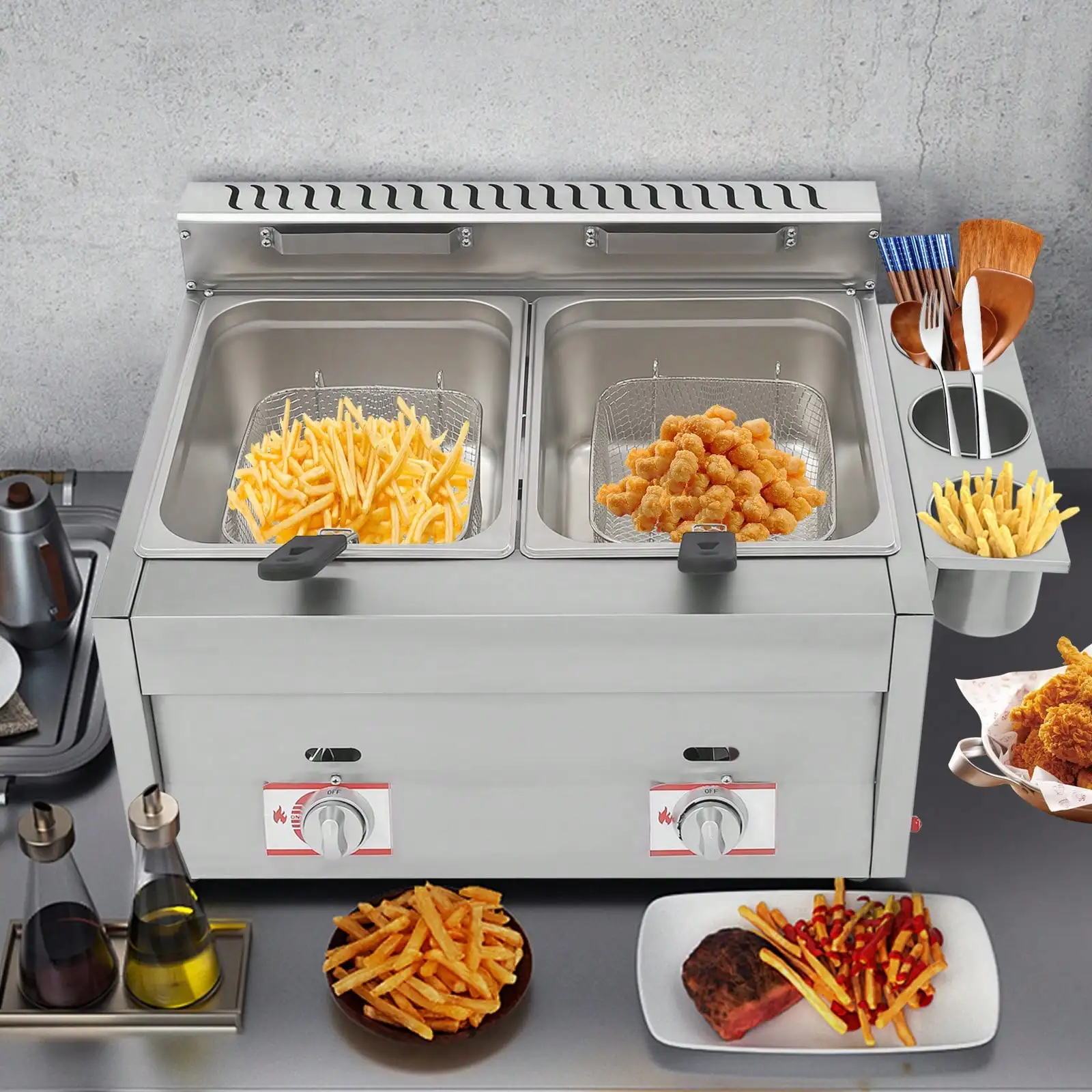 

Deep Fryer With Basket And Lid, Commercial Deep Fryer, Countertop Commercial Dual Tank Kitchen Fat Fryer