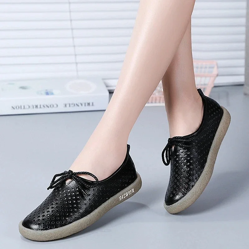 Genuine Leather Women Shoes Summer Hollow Out Breathable Flats Women\'s Slip On Loafers Soft bottom Comfort Woman Single