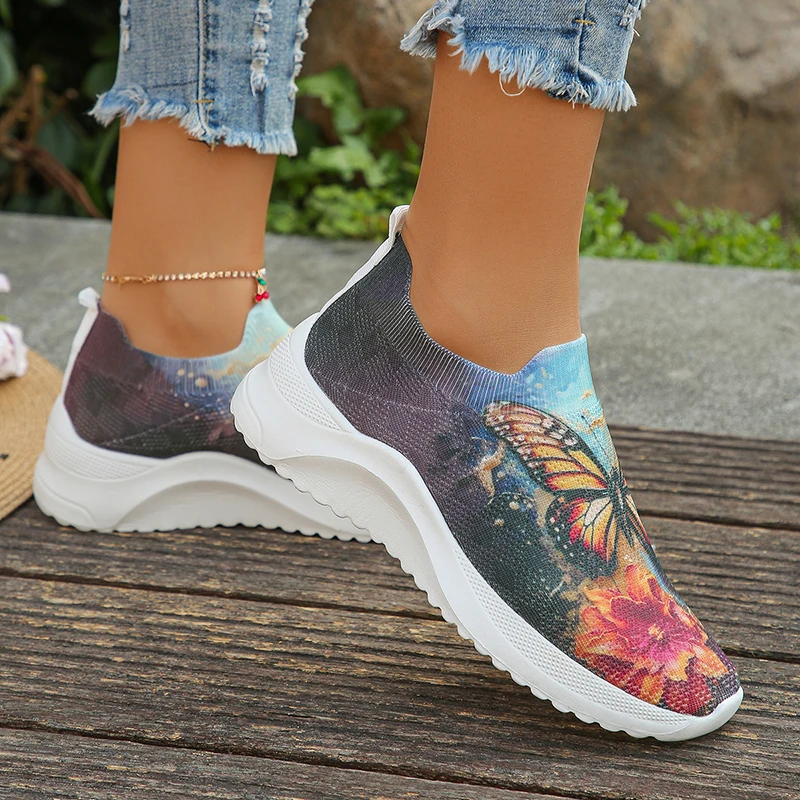 Fashion Printed Knitted Flats Women 2024 Summer Lightweight Breathable Mesh Sneakers Woman Slip On Casual Walking Shoes Size 43