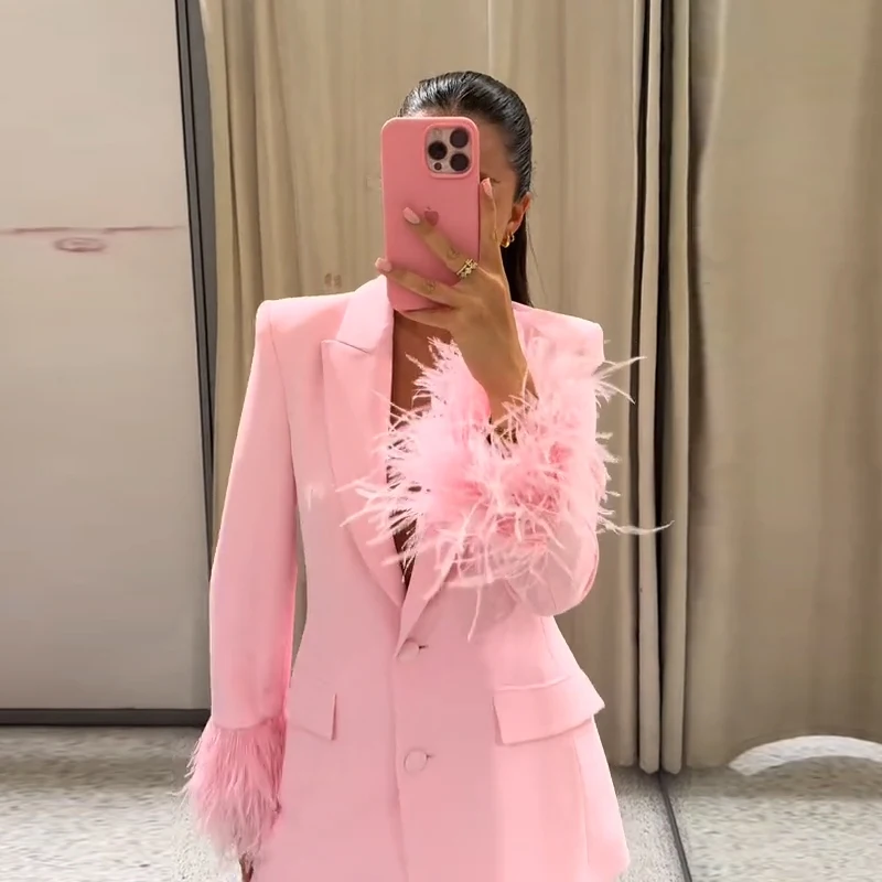 Feather Coat กางเกงชุดผู้หญิง Lapel Single Breasted Blazer สูท Jakcet ขาตรงกางเกง Urban Commute Lady ชุดอินเทรนด์