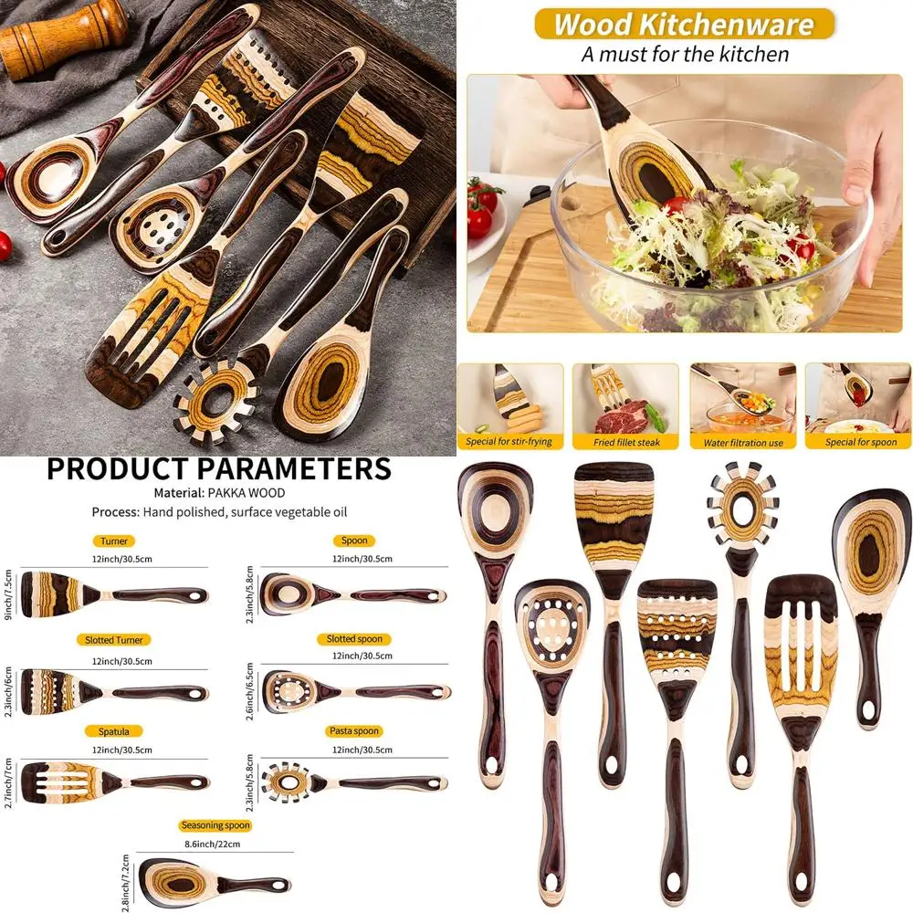 

Экологичный набор кухонных принадлежностей из 7 предметов из пакавуда: прочные деревянные кухонные инструменты для дома и кухни, подарки