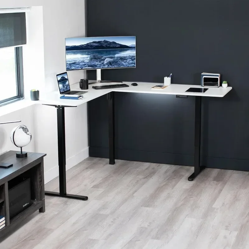 VIVO Electric Corner L-Shaped 75 x 63 inch Standing Desk, Height Adjustable, Memory Controller, White Top Black Frame