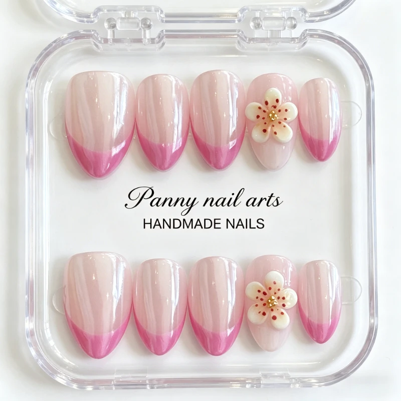 

10pcs Almond Handmade Nails Short Sweet Nude Pink French Tips with 3D Flower Decor Acrylic False Nails for Spring Daily Looks