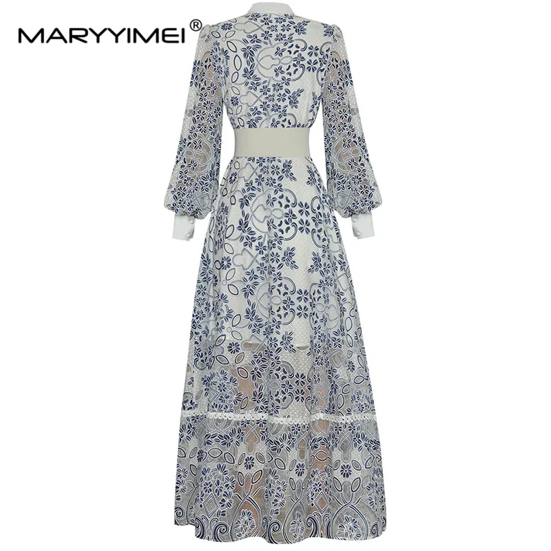 Imagem -02 - Maryyimei-vestido Feminino de Manga Lanterna com Cinto Peito Único Oco Elegante Vestido Longo Moda Passarela Primavera