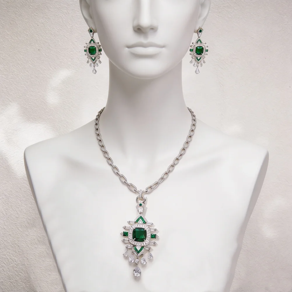 Vintage Fashion Style Necklace Earrings Women Lady Inlay Cubic Zircon Synthetic Emerald Detachable Pendant Party Jewelry Sets
