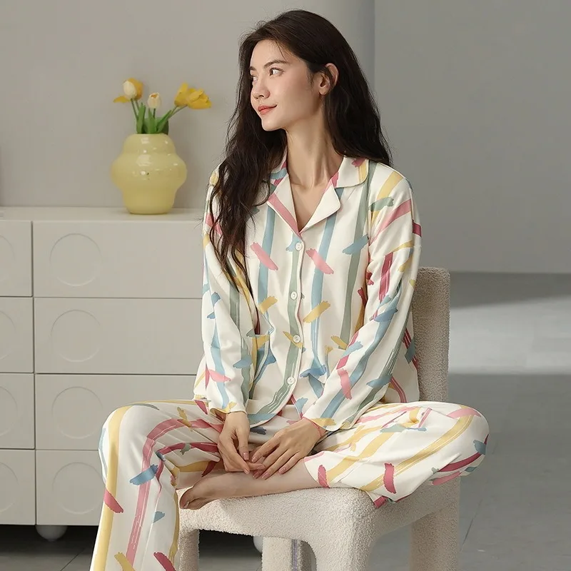 Women's Autumn Lapel Sleepwear Cardigan Long Sleeve Trousers Cartoon Outerwear Homewear Suit Ins Cardigan Home Clothes Femme