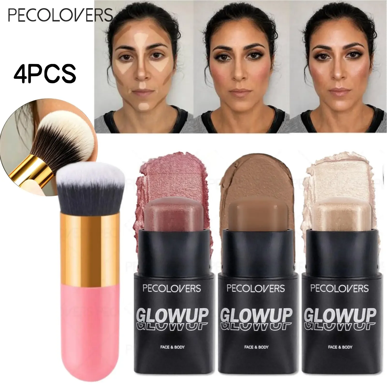 4PCS/SET - 1 Contour Tube,1Highlighter Stick,1 Blush Stick and 1 Makeup Brush, Waterproof Face Sculpt Kit, Long Wear Cream
