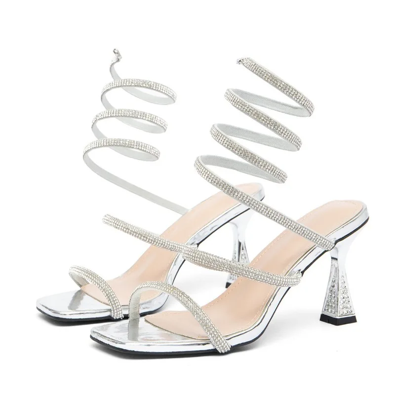 

New In Fashion Rhinestone Ankle Strap Stiletto Heels Sandals For Women Pumps Party Square Toe Sexy Ladies Thin Heels Shoes