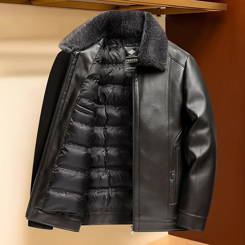 2026 Winter Men Down Jacket High Street Turn Down Collar Male Outerwear Thicken Windproof Long Sleeve Casual Man Leather Coat