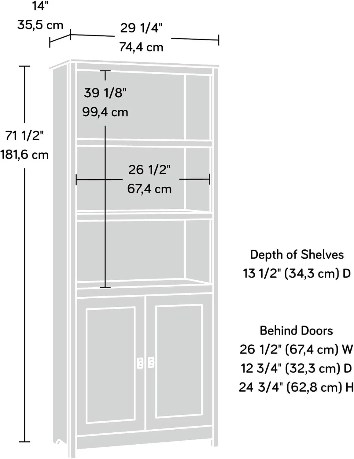 Bibliothèque de la route Cottage avec portes/étagère à livres, L: 29.29 "x L: 13.98" x H: 71.5"